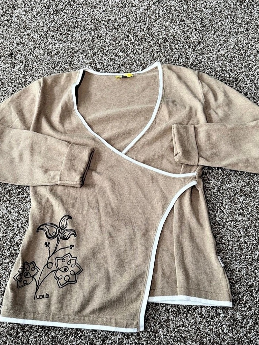 Lole Faux Wrap Floral Print Knit Top Small Tan White Trim Long Sleeve